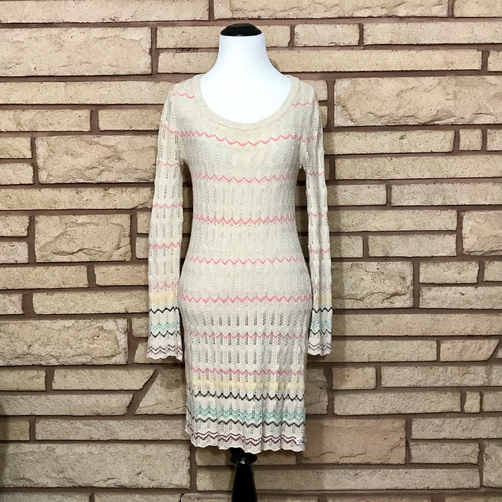 Vintage Billabong Cream Knit Long Sleeve Dress with Pink & Teal Accents